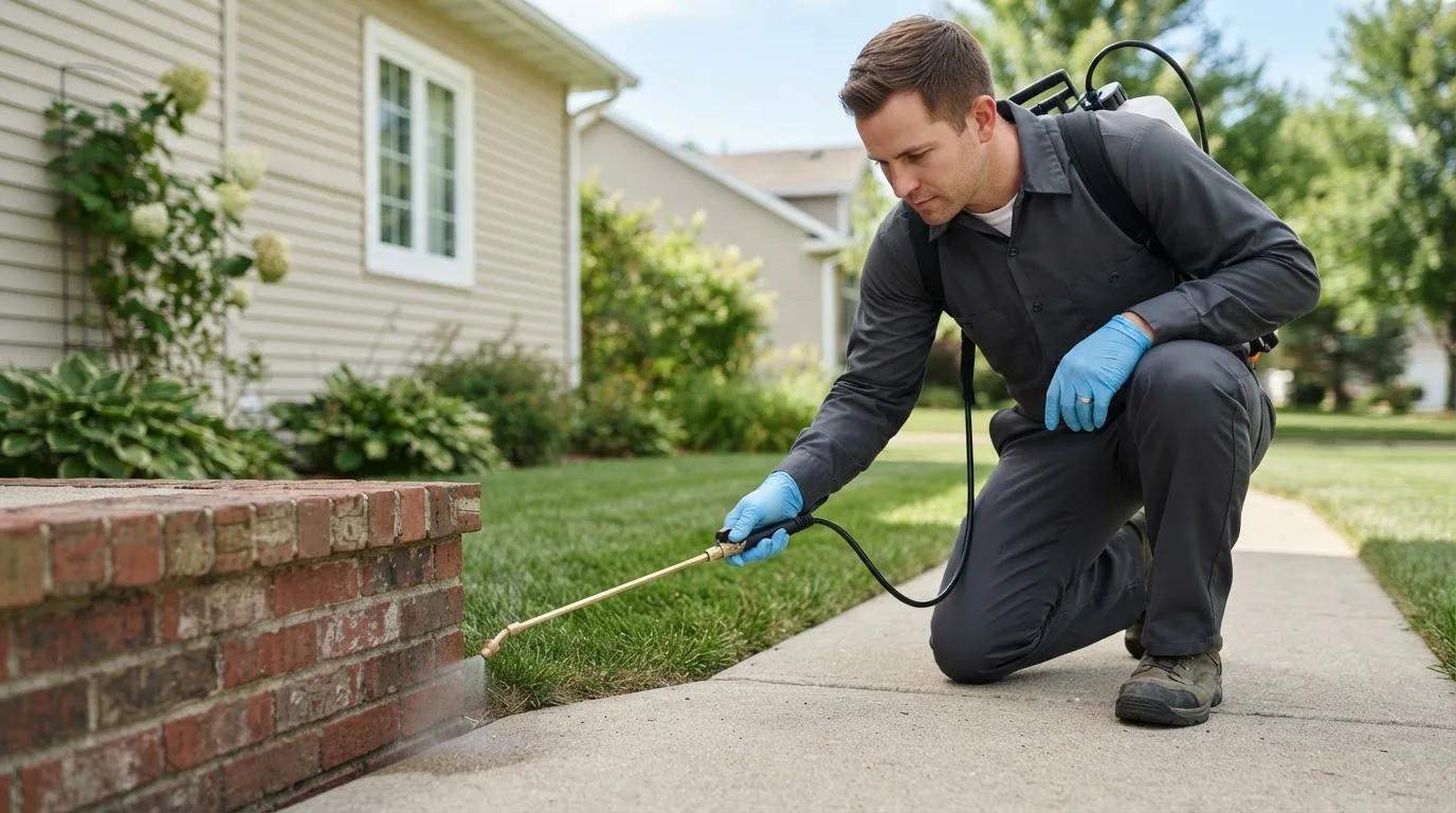 Pest control technician treating a home near Amber, OK