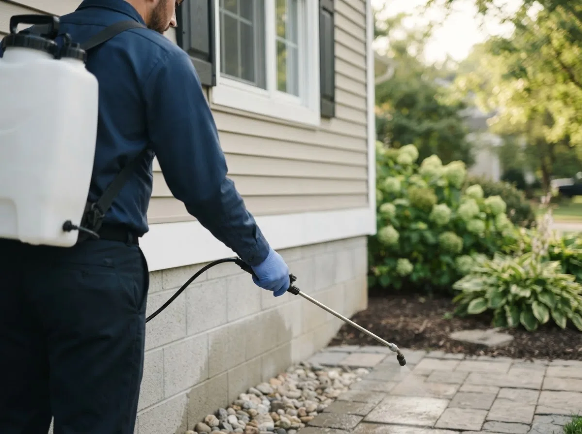 Pest control technician inspecting a home in Amber, OK